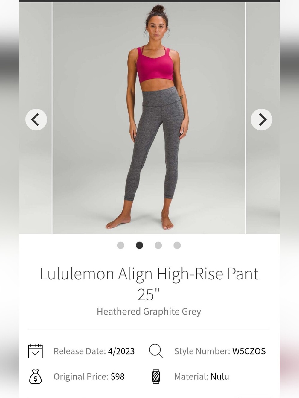 Lululemon Align High-Rise Pant 25" Sz4 Heathered Grey